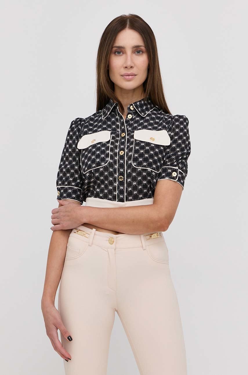 

Риза Elisabetta Franchi дамска в черно със стандартна кройка с класическа яка, Черен