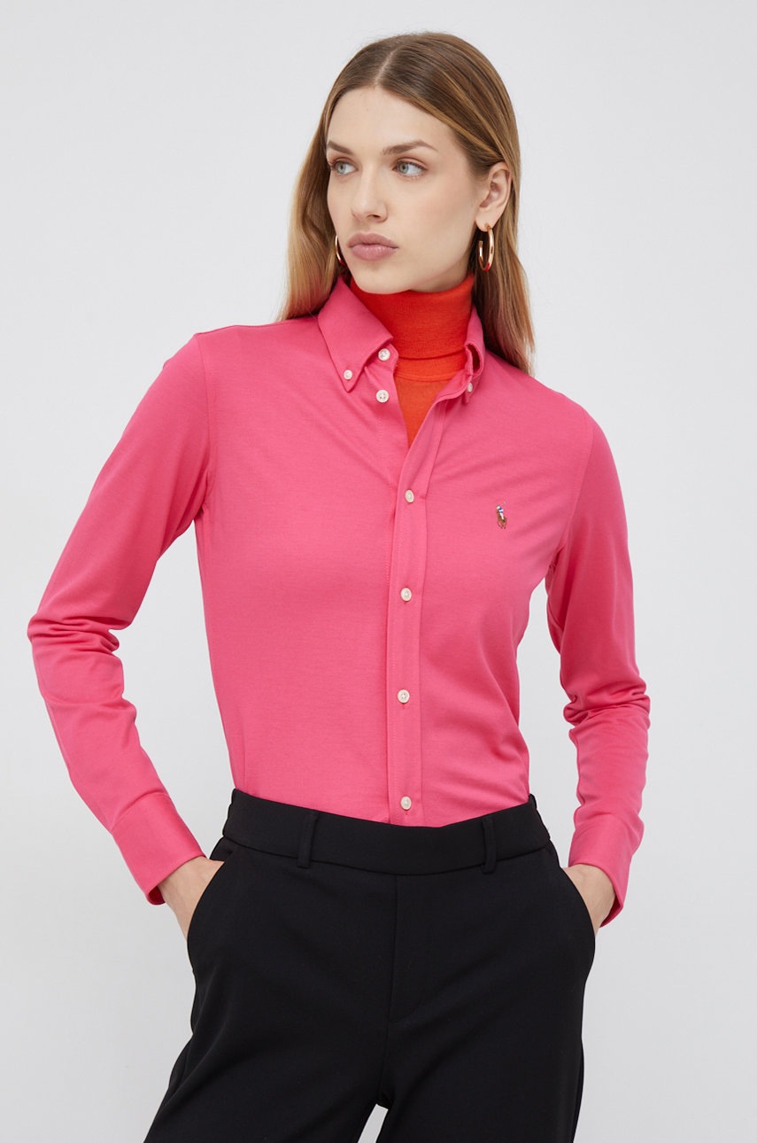 

Памучна риза Polo Ralph Lauren дамска в розово със стандартна кройка с класическа яка, Розов