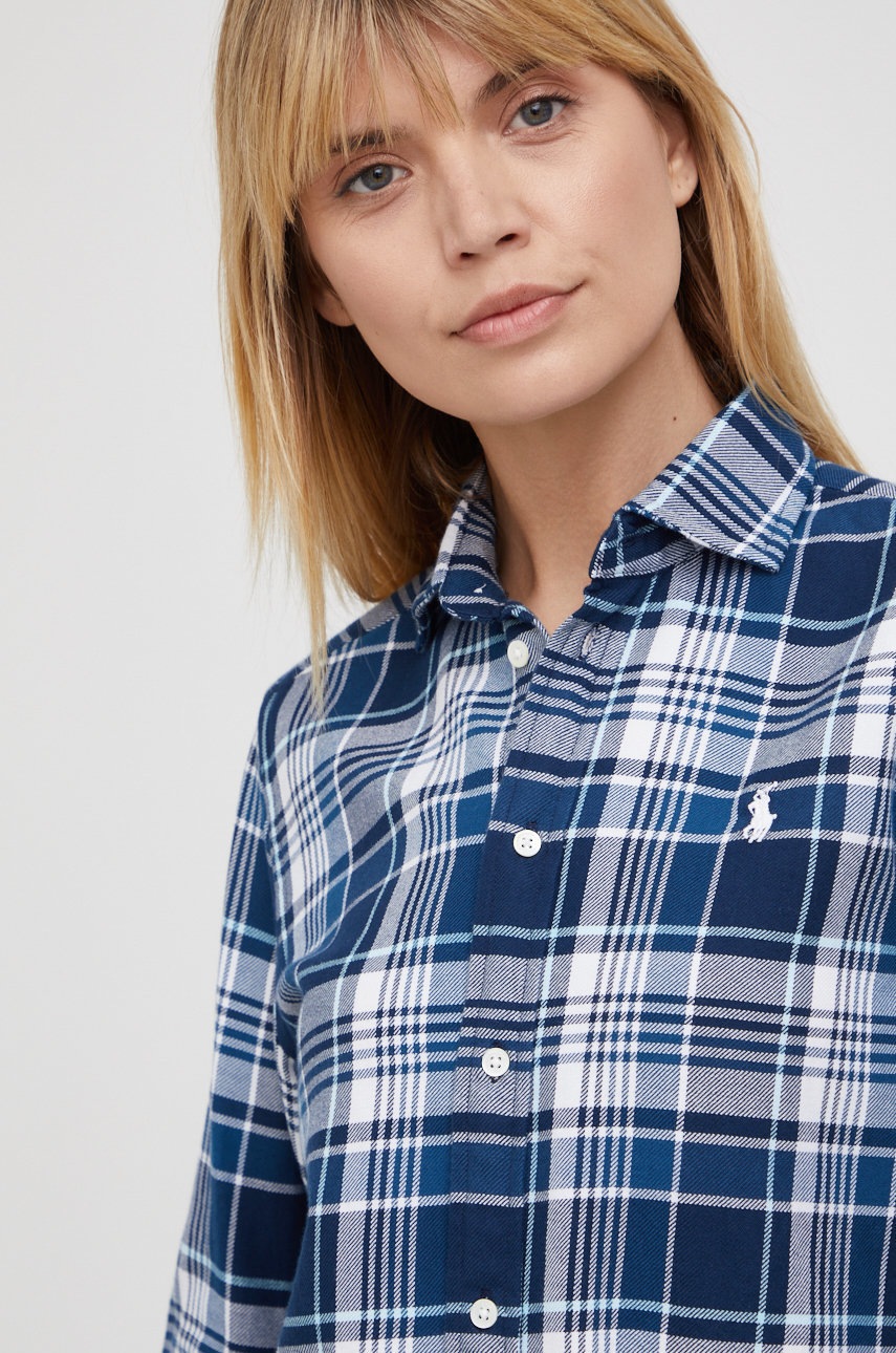 

Хлопковая рубашка Polo Ralph Lauren женская цвет синий regular классический воротник