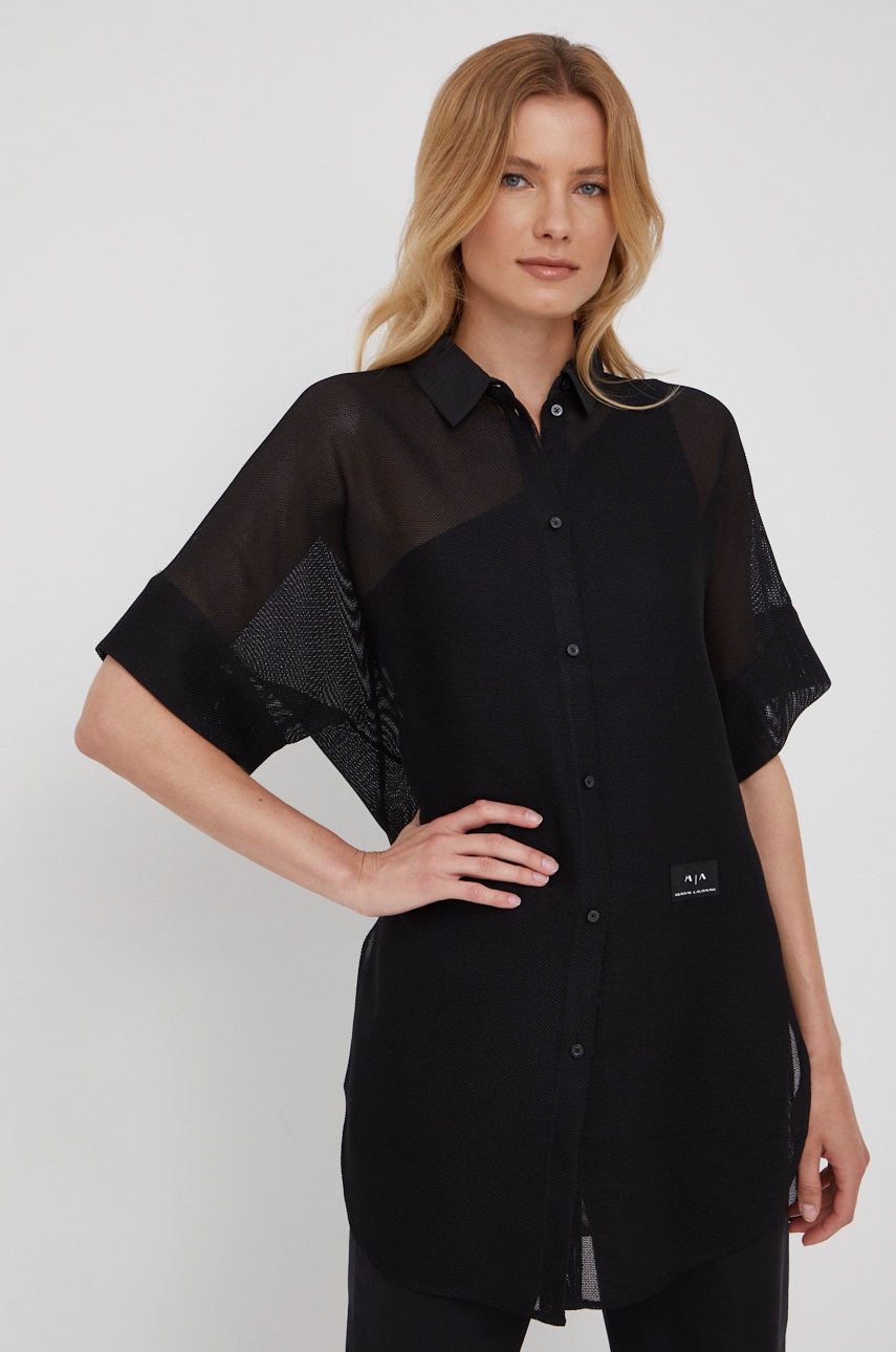 

Риза Armani Exchange дамска в черно със свободна кройка с класическа яка, Черен