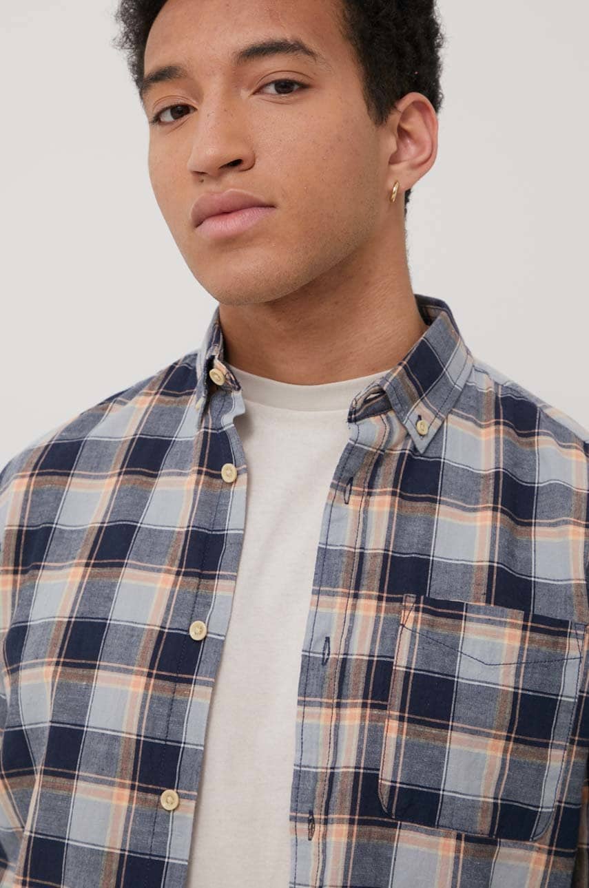 Jack & jones camasa din amestec de in barbati, culoarea albastru marin, cu guler button-down, regular
