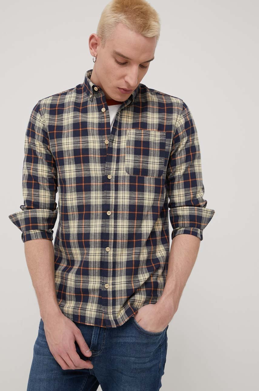 

Риза с лен Jack & Jones мъжка в тъмносиньо със стандартна кройка с яка с копче, Тъмносин