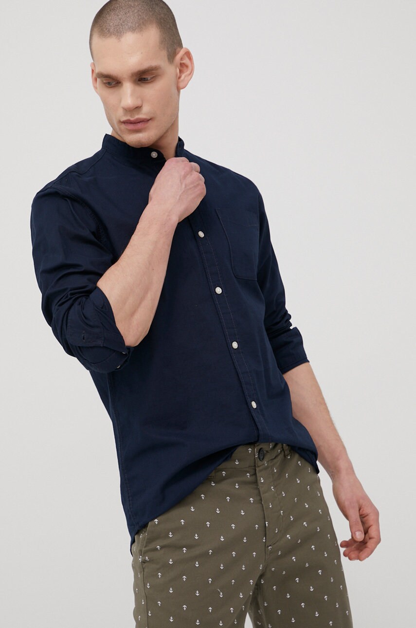 Jack & jones camasa din bumbac barbati, culoarea albastru marin, cu guler stand-up, regular