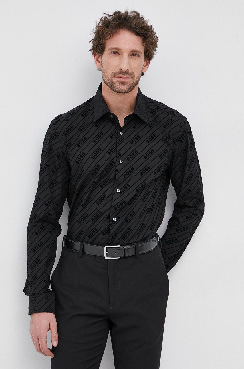 Boss Koszula bawełniana męska kolor czarny slim z kołnierzykiem klasycznym