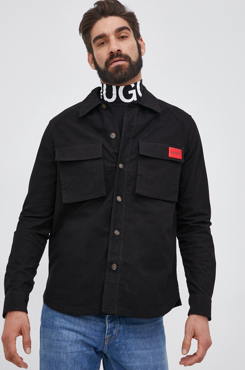 Hugo cămașă din velur bărbați, culoarea negru, cu guler clasic, regular