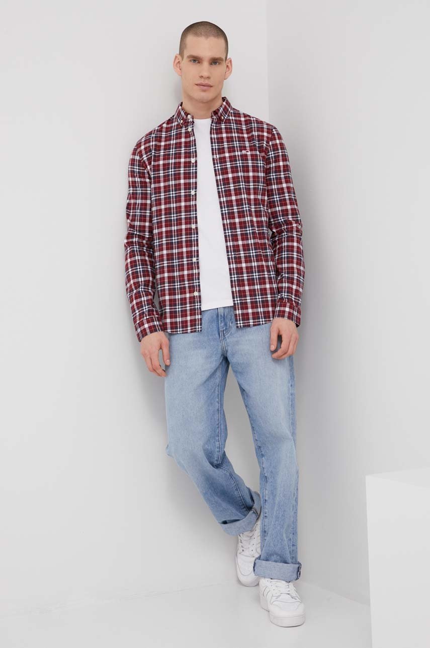 

Риза Tommy Jeans мъжка в тъмносиньо с кройка по тялото с яка с копче, Бордо