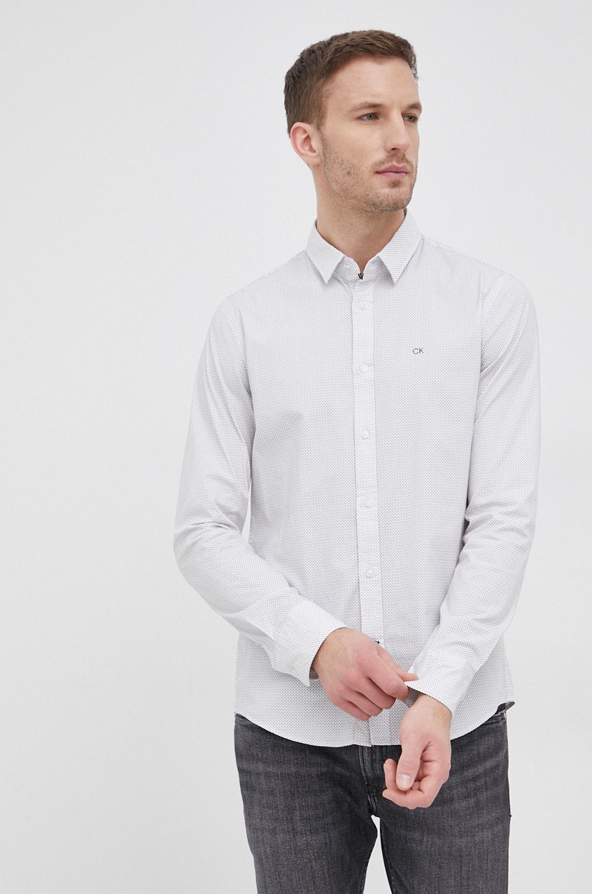

Риза Calvin Klein мъжка в бяло с кройка по тялото с класическа яка, Бял