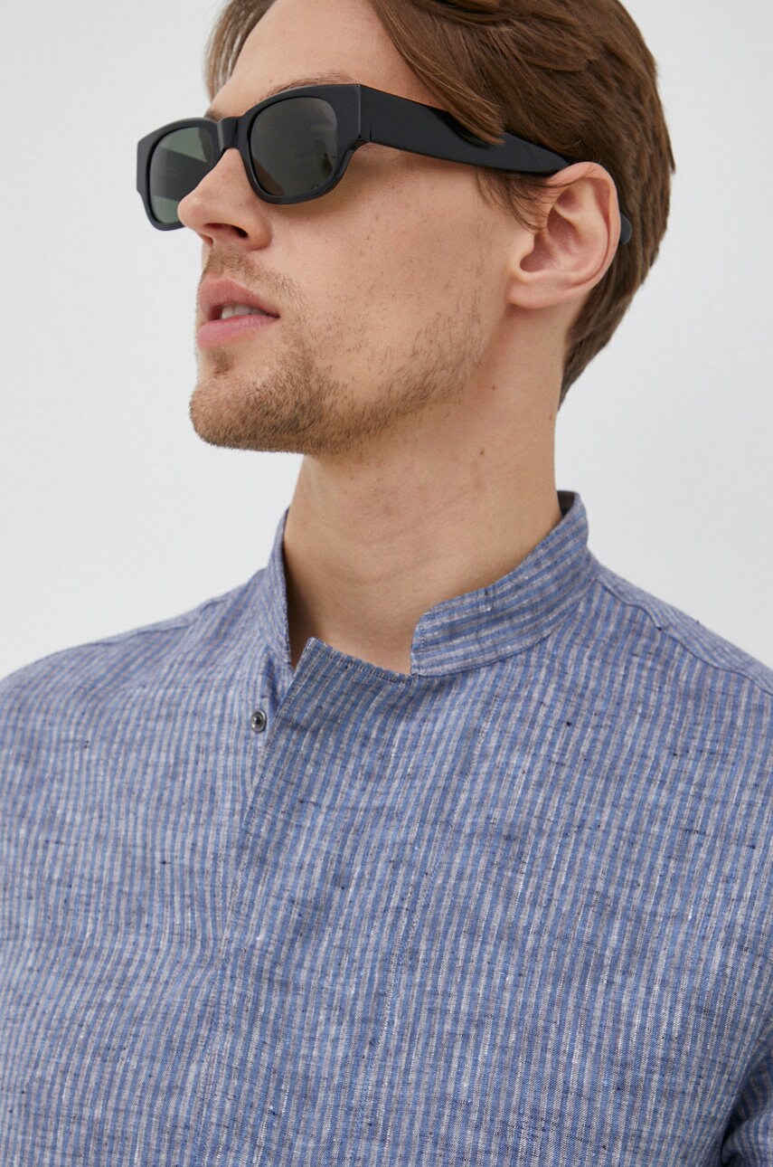 Emporio armani camasa de in barbati, culoarea albastru marin, cu guler stand-up, regular