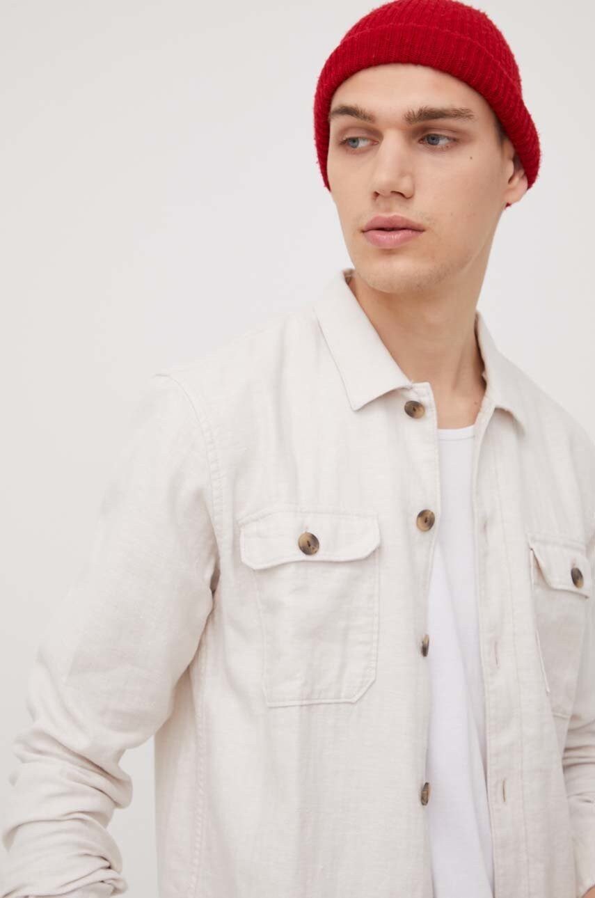 Tom tailor camasa de in barbati, culoarea bej, cu guler clasic, relaxed