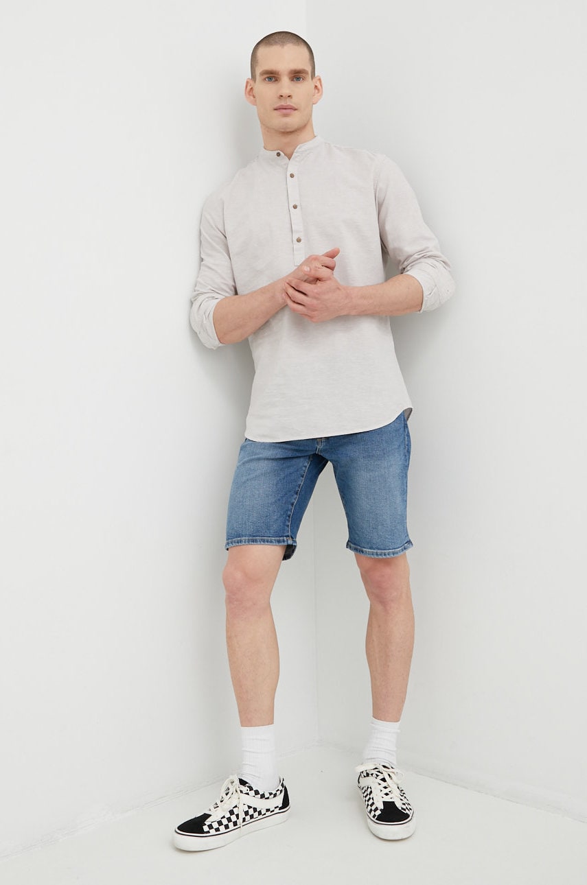 Premium by jack&jones camasa din amestec de in barbati, culoarea gri, cu guler stand-up, slim