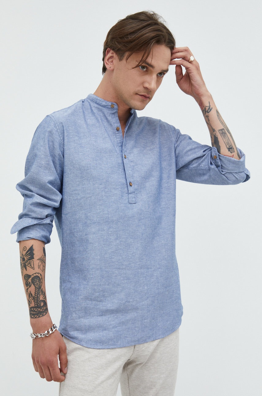 

Риза с лен Premium by Jack&Jones мъжка в лилаво с кройка по тялото с права яка, Виолетов