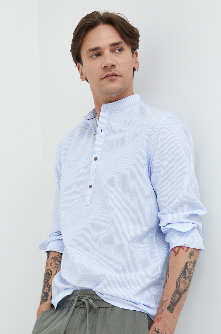 

Риза с лен Premium by Jack&Jones мъжка с кройка по тялото с права яка, Син