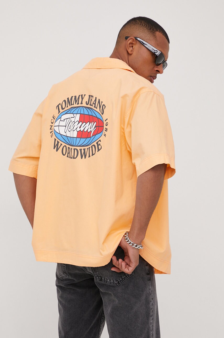 Tommy jeans camasa din bumbac barbati, culoarea portocaliu, relaxed