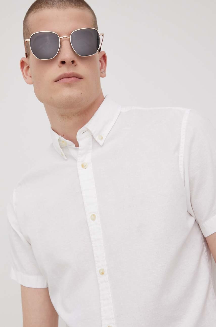 Produkt by jack & jones camasa din amestec de in barbati, culoarea alb, cu guler button-down, regular