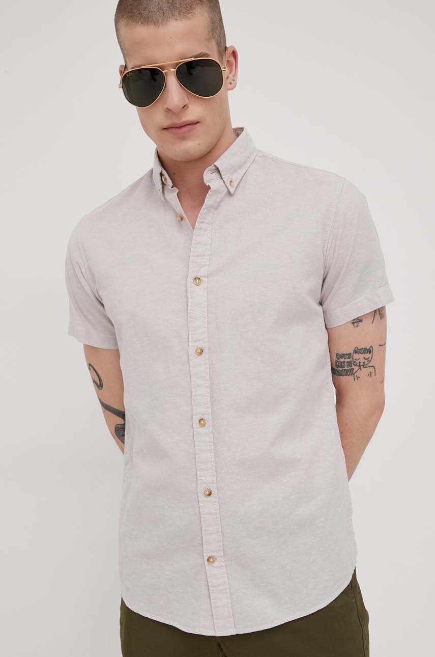 Produkt by jack & jones camasa din amestec de in barbati, culoarea gri, cu guler button-down, regular