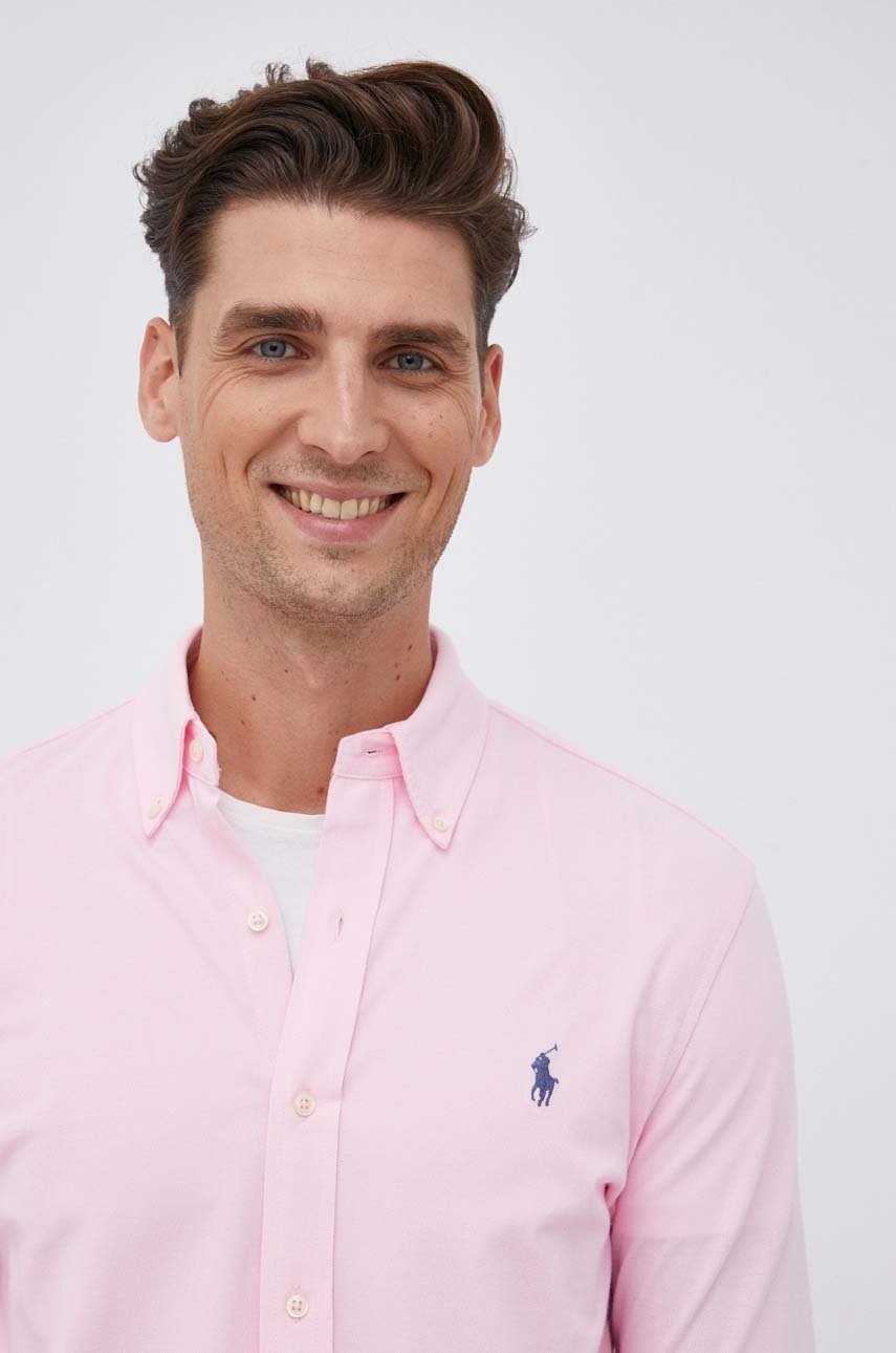 

Памучна риза Polo Ralph Lauren мъжка в розово със стандартна кройка с яка с копче, Розов