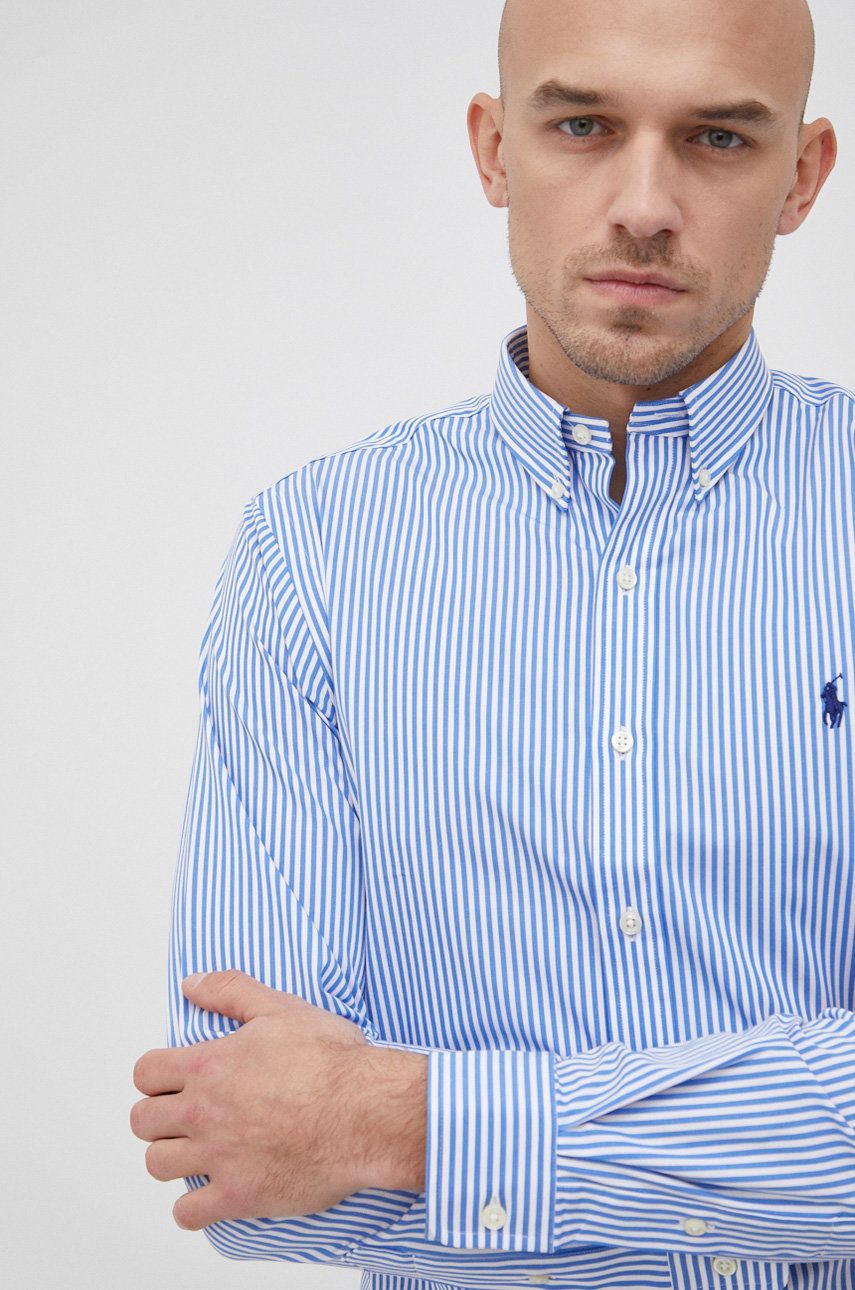 Košile Polo Ralph Lauren pánská, slim, s límečkem button-down - modrá -  91% Bavlna