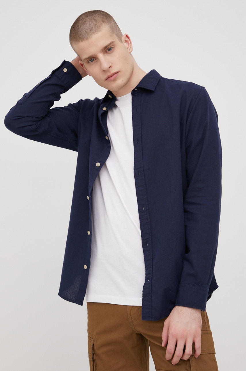 

Риза с лен Premium by Jack&Jones мъжка в тъмносиньо с кройка по тялото с класическа яка, Тъмносин