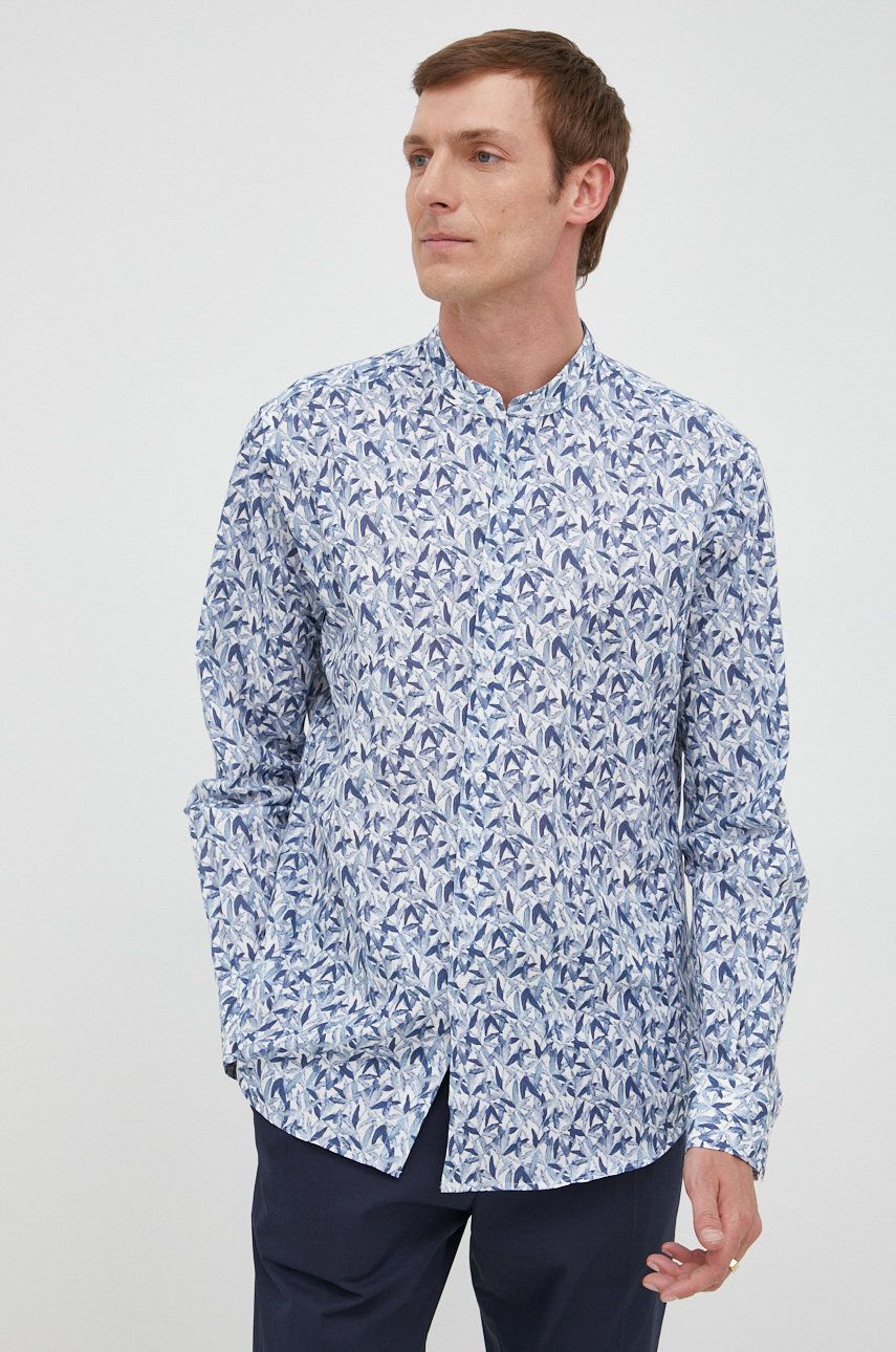 Plátěná košile Karl Lagerfeld pánská, tmavomodrá barva, relaxed, se stojáčkem - námořnická modř - 