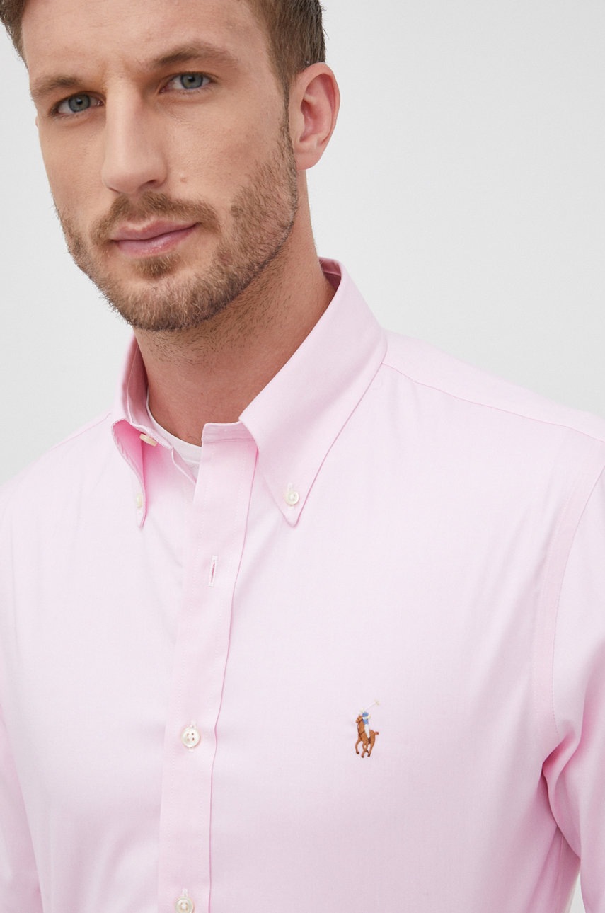 

Памучна риза Polo Ralph Lauren мъжка в розово с кройка по тялото с яка с копче, Розов