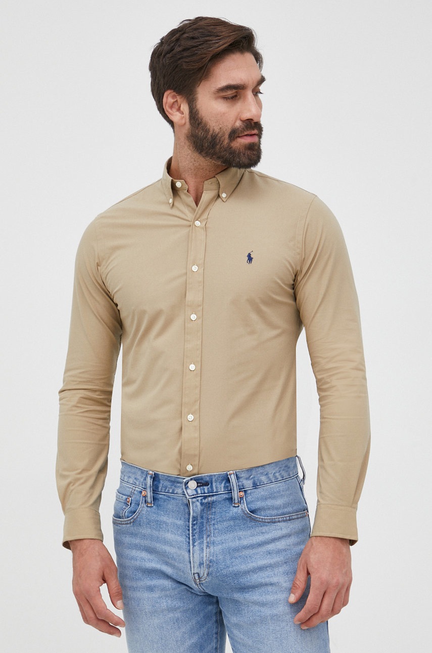 

Риза Polo Ralph Lauren мъжка в бежово с кройка по тялото с яка с копче, Бежов