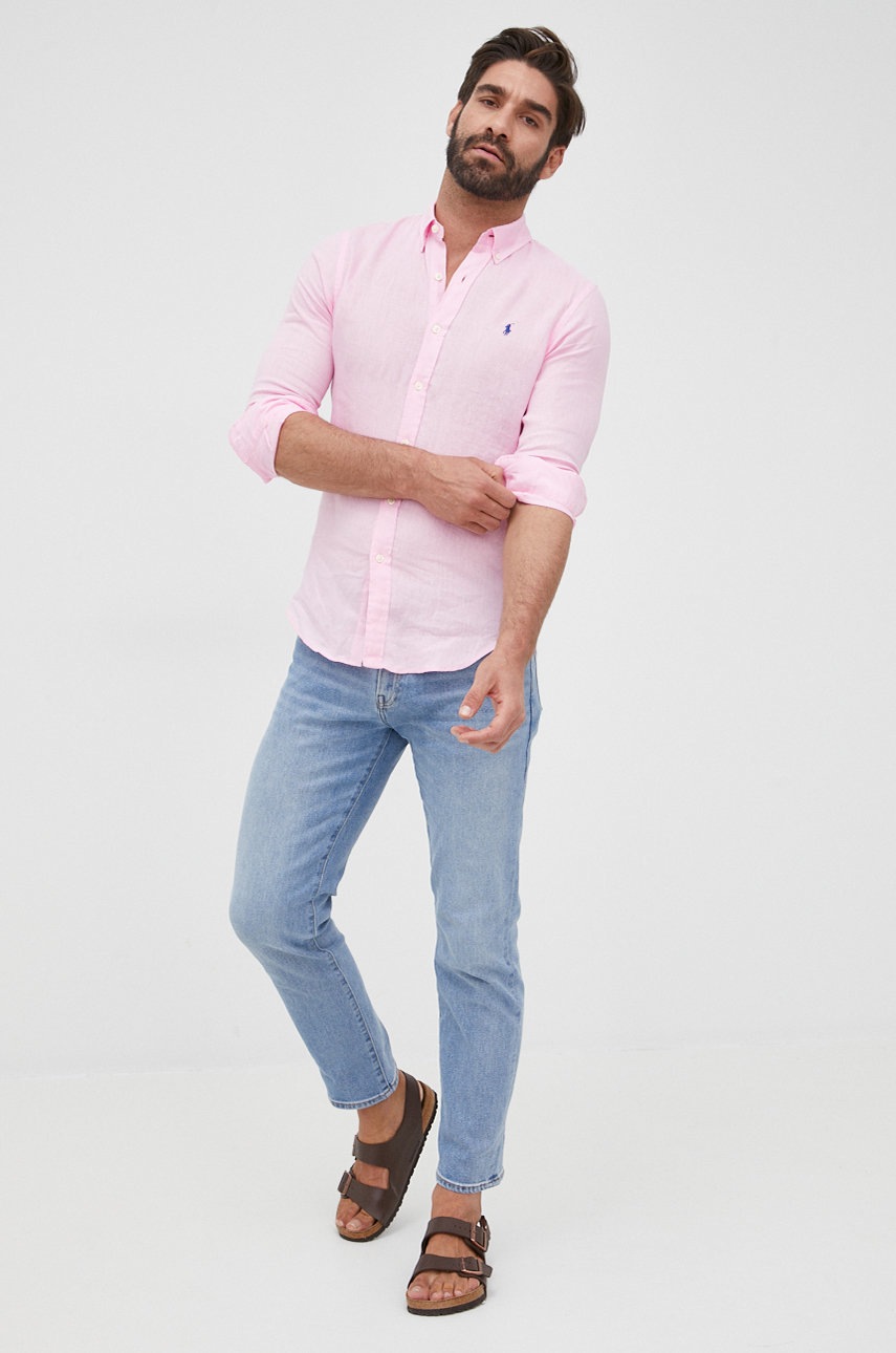

Льняная рубашка Polo Ralph Lauren мужская цвет розовый slim воротник button-down