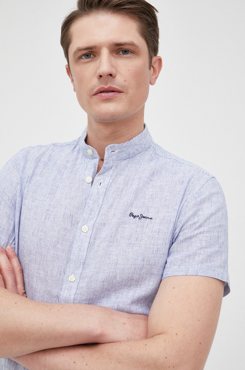 

Риза с лен Pepe Jeans Prescot мъжка с кройка по тялото с права яка, Син