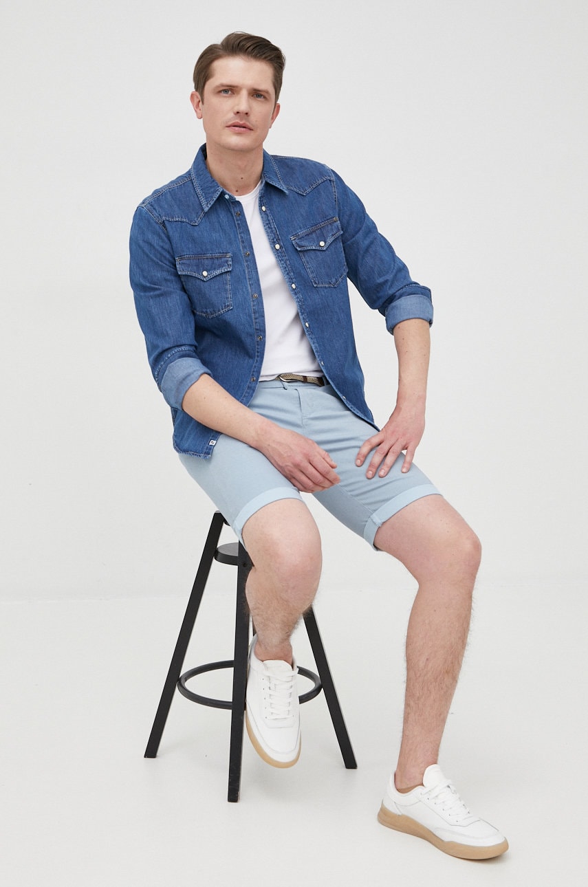 Pepe jeans camasa jeans carson barbati, culoarea albastru marin, cu guler clasic, regular
