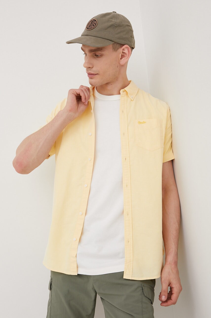 Superdry camasa din bumbac barbati, culoarea galben, cu guler button-down, regular
