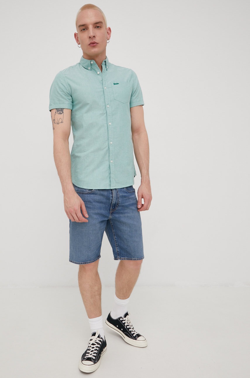 

Хлопковая рубашка Superdry мужская цвет зелёный regular воротник button-down