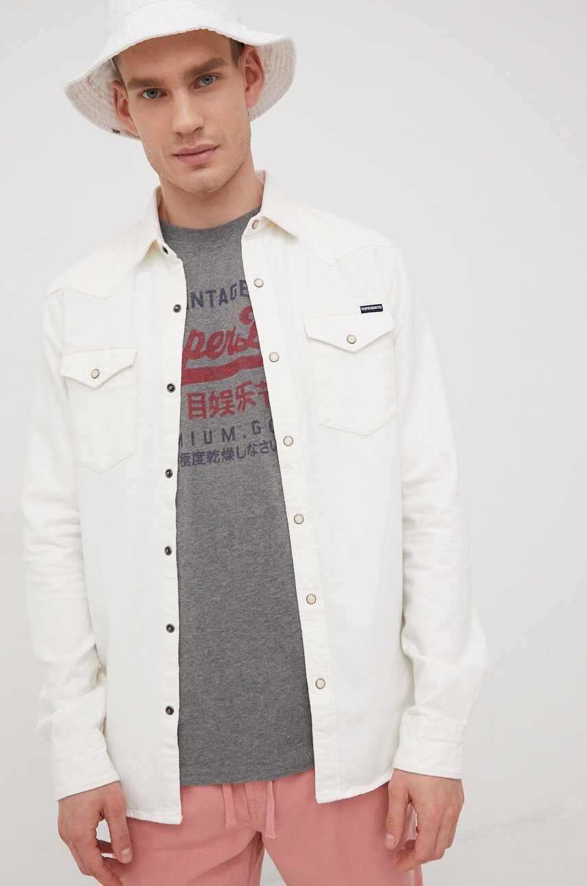 Superdry camasa din bumbac barbati, culoarea bej, cu guler clasic, regular