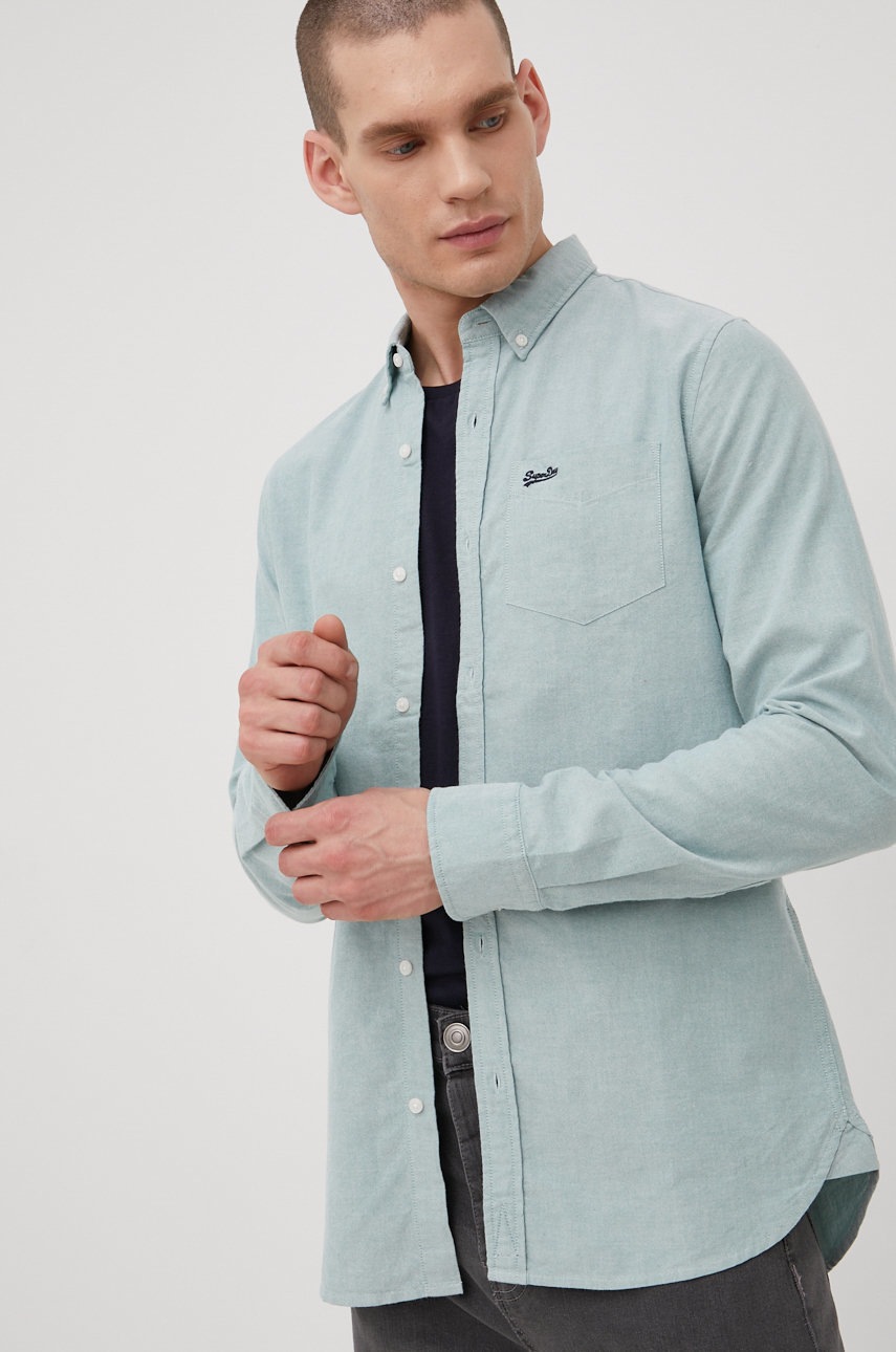 

Хлопковая рубашка Superdry мужская цвет зелёный regular воротник button-down