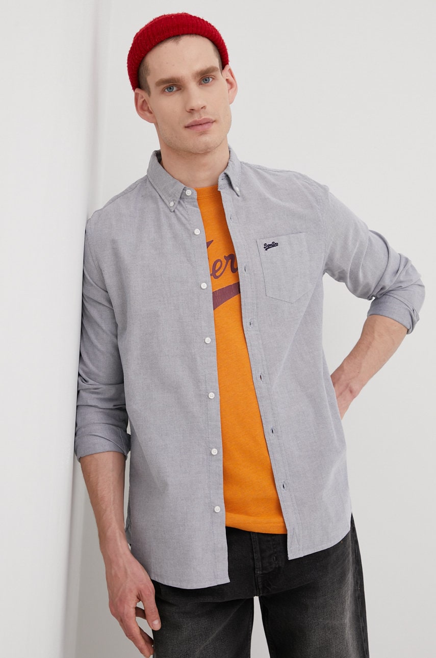 

Хлопковая рубашка Superdry мужская цвет серый regular воротник button-down