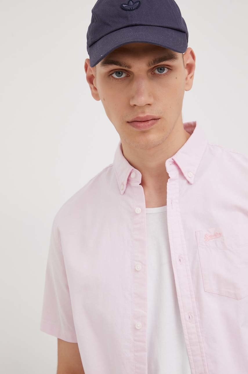 Superdry camasa din bumbac barbati, culoarea roz, cu guler button-down, regular