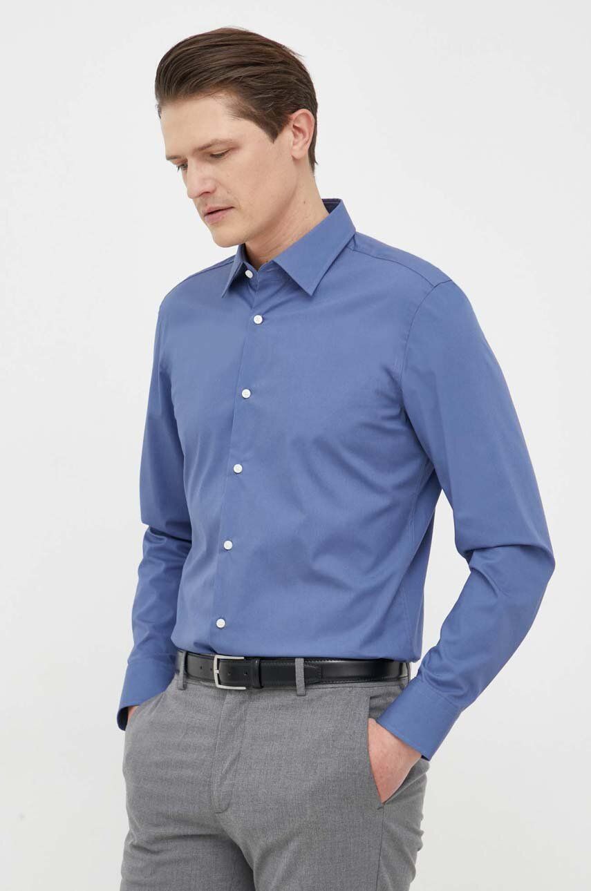 Košile BOSS pánská, tmavomodrá barva, slim, s klasickým límcem - námořnická modř - 96 % Bavlna