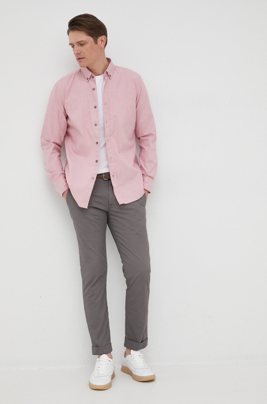 

Хлопковая рубашка BOSS мужская цвет розовый slim воротник button-down