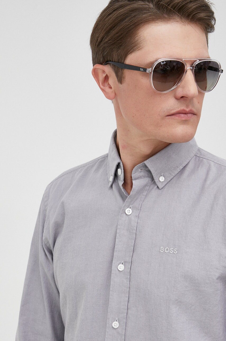 Boss camasa din bumbac barbati, culoarea gri, cu guler button-down, slim
