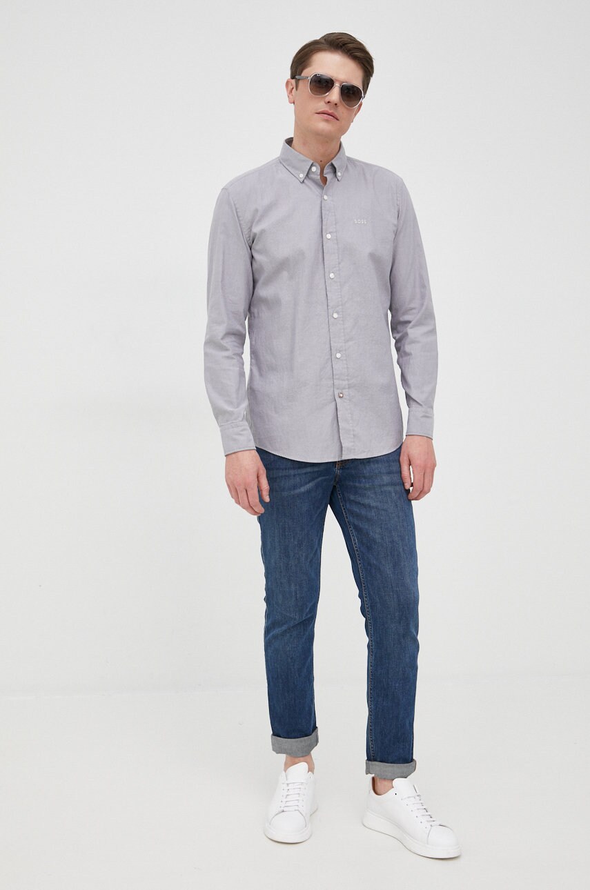 

Бавовняна сорочка BOSS чоловіча колір сірий slim комір button-down