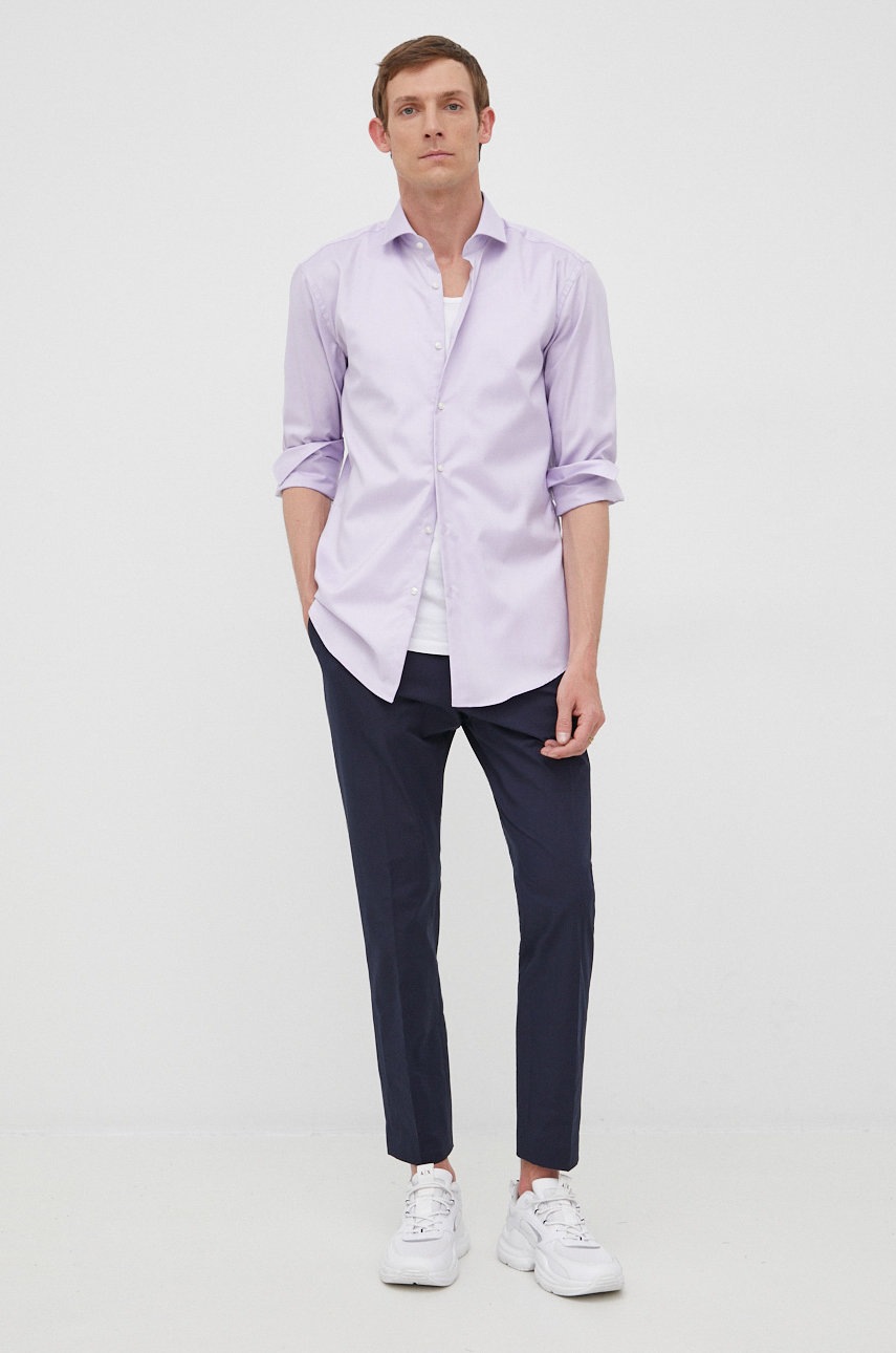 

Памучна риза HUGO мъжка в лилаво с кройка по тялото с класическа яка, Виолетов