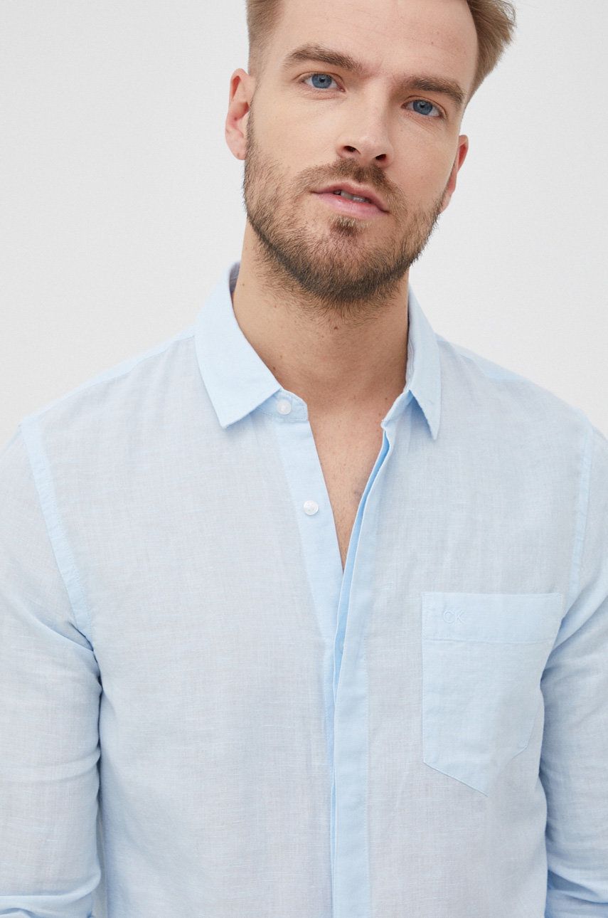 Calvin Klein koszula lniana męska slim z kołnierzykiem klasycznym