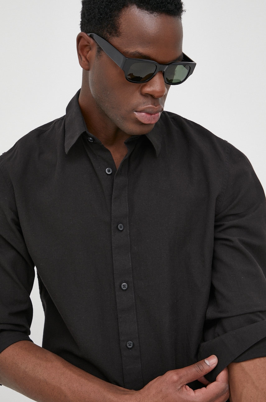Selected homme camasa din amestec de in barbati, culoarea negru, cu guler clasic, slim