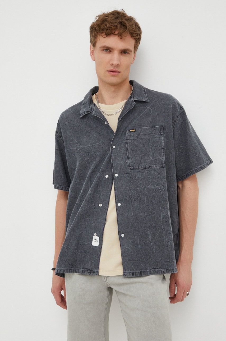 Wrangler camasa jeans barbati, culoarea gri, relaxed