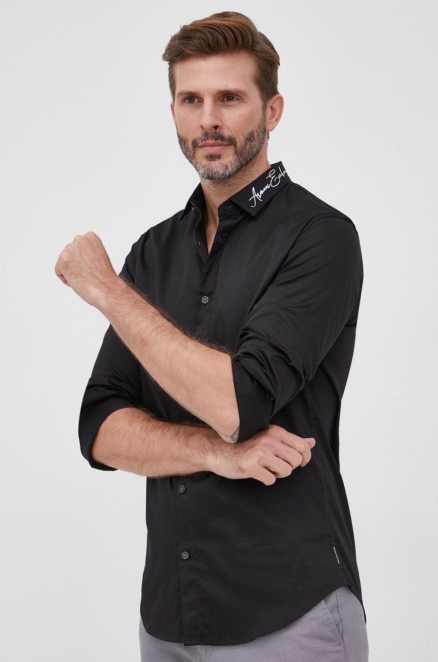 

Риза Armani Exchange мъжка в черно с кройка по тялото с класическа яка, Черен