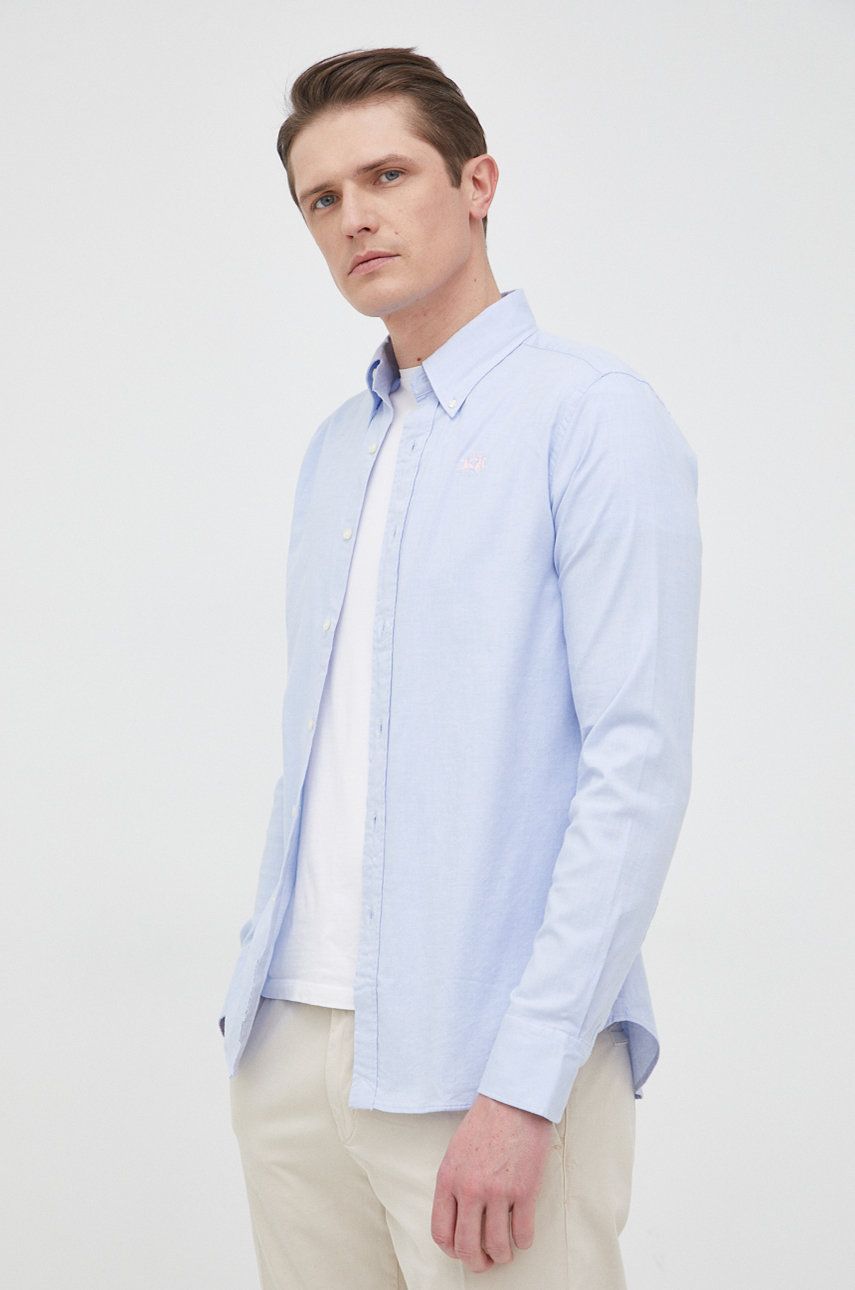 Košile La Martina pánská, tyrkysová barva, slim, s klasickým límcem - tyrkysová -  97% Bavlna