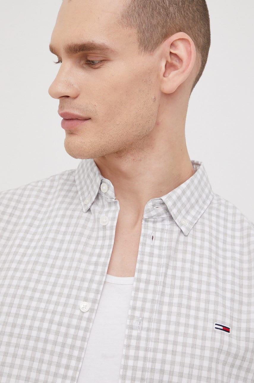 Tommy jeans camasa din bumbac barbati, culoarea gri, cu guler button-down, regular