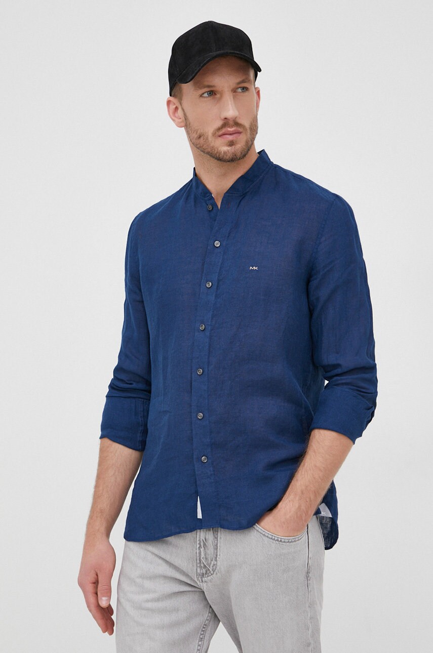 Michael kors camasa de in barbati, culoarea albastru marin, cu guler stand-up, slim