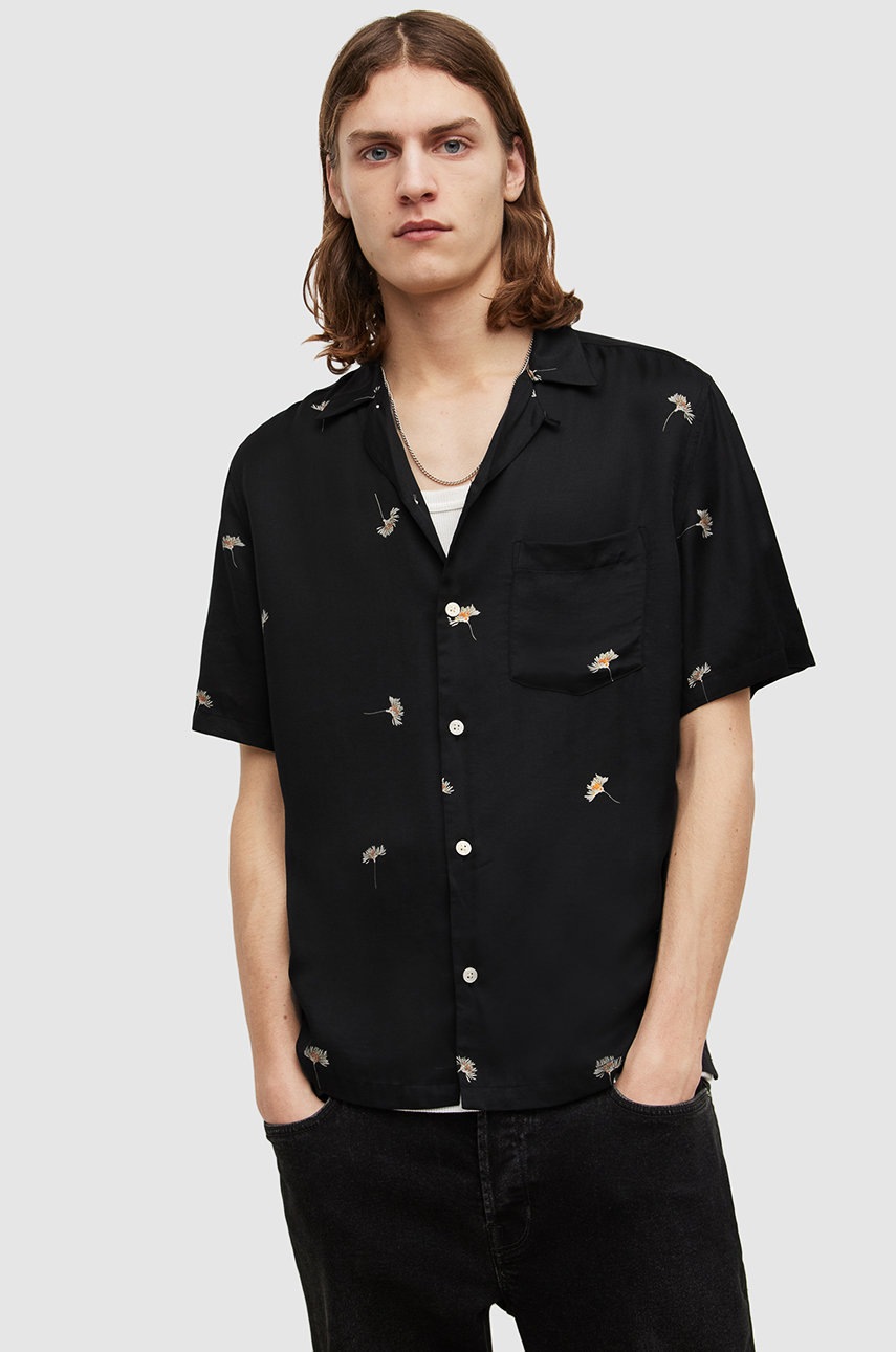 

Риза AllSaints мъжка в черно със свободна кройка с класическа яка, Черен