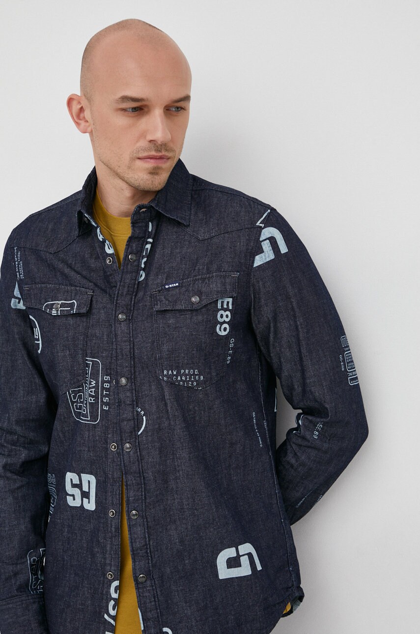 G-star raw camasa jeans barbati, culoarea albastru marin, cu guler clasic, slim