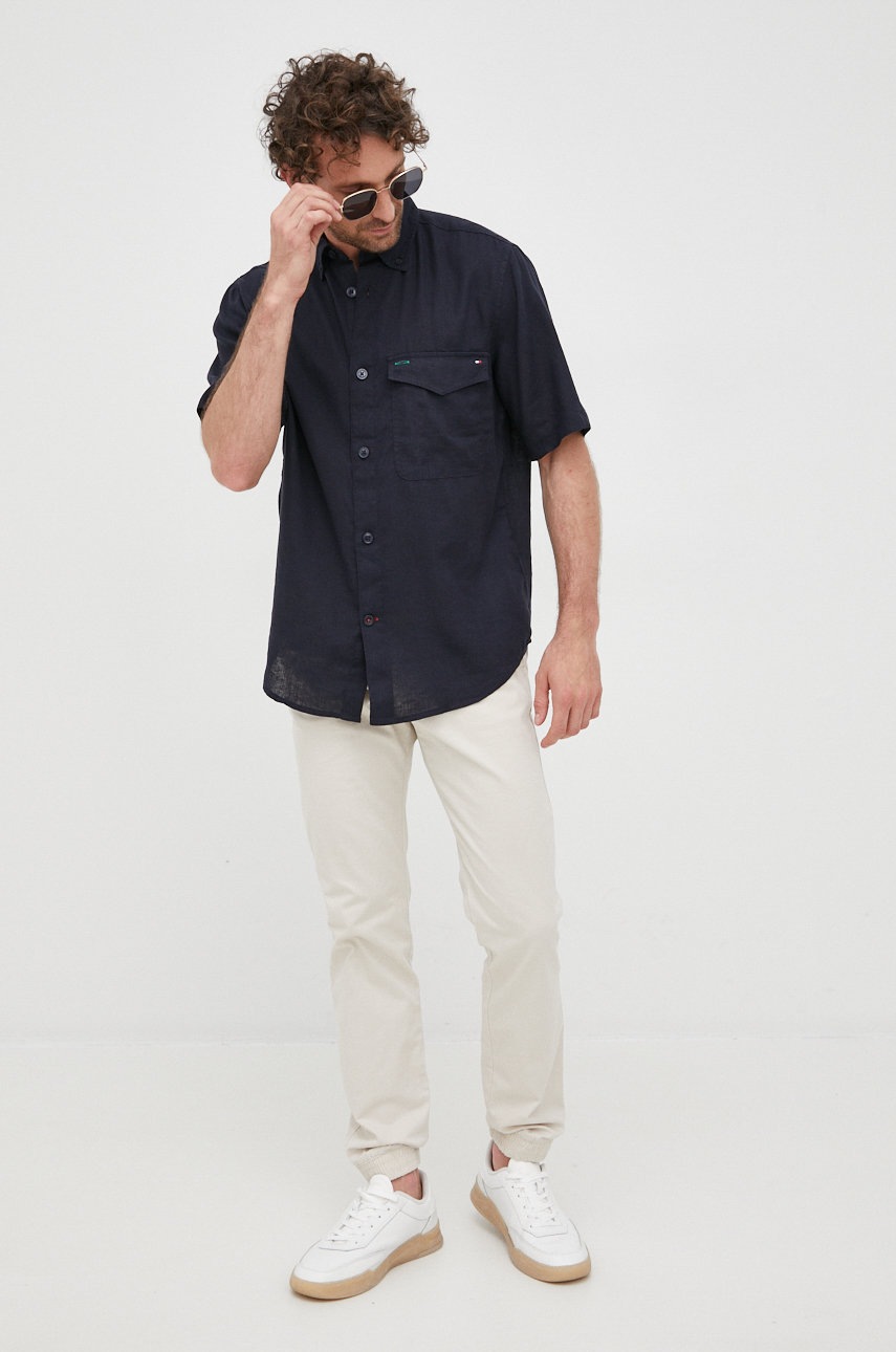 

Льняная рубашка Tommy Hilfiger мужская цвет синий regular воротник button-down