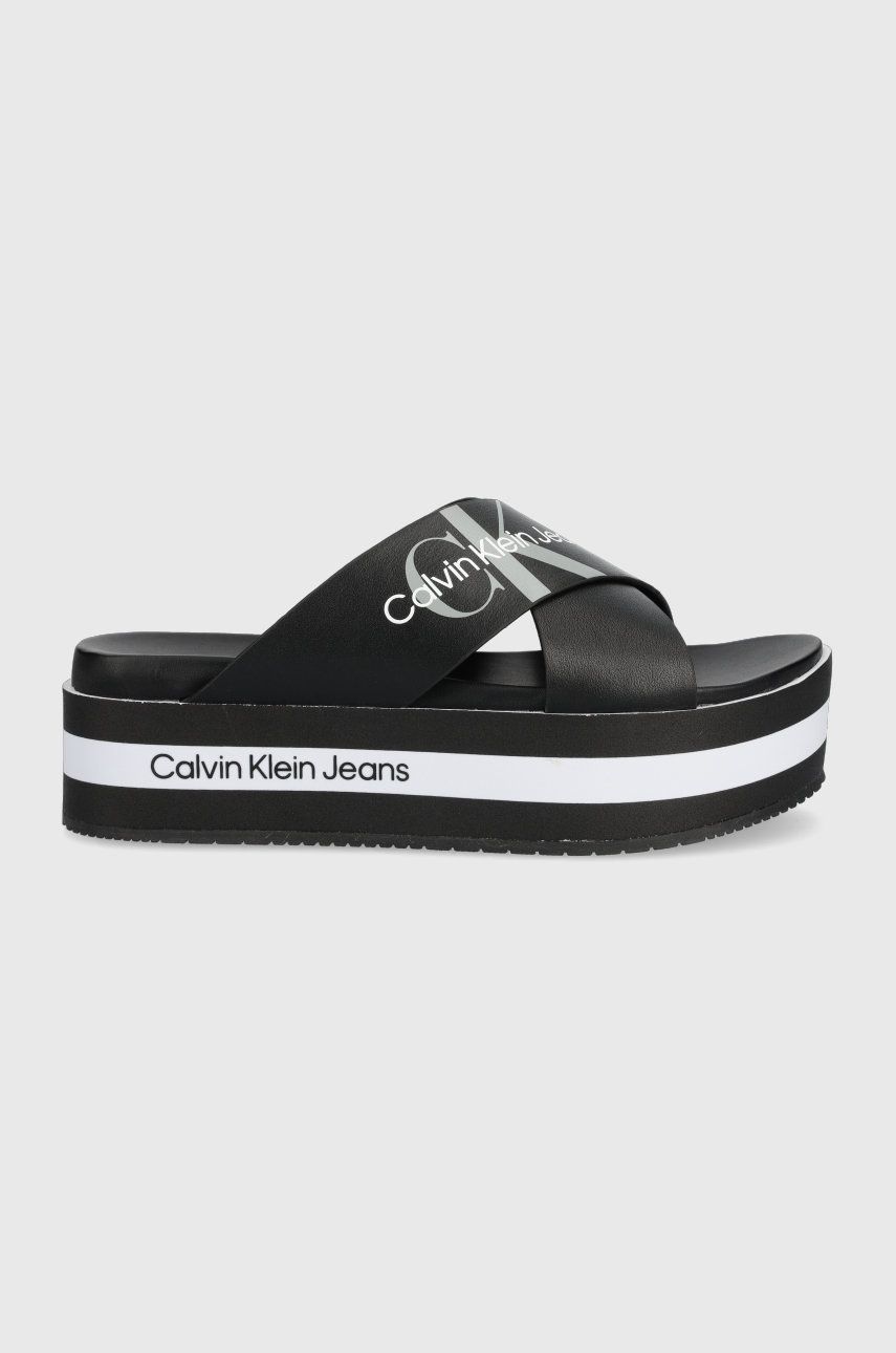 Calvin Klein Jeans klapki skórzane damskie kolor czarny na platformie